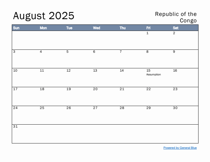 August 2025 Simple Monthly Calendar for Republic of the Congo