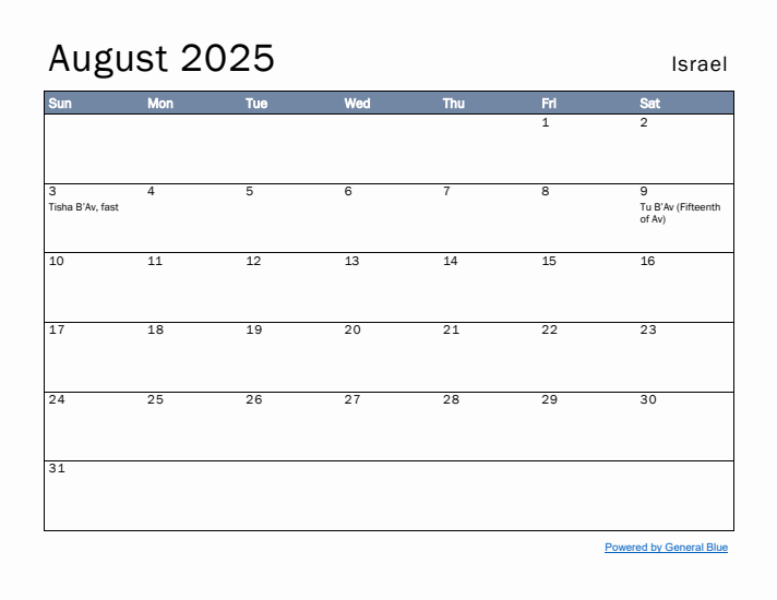 August 2025 Simple Monthly Calendar for Israel