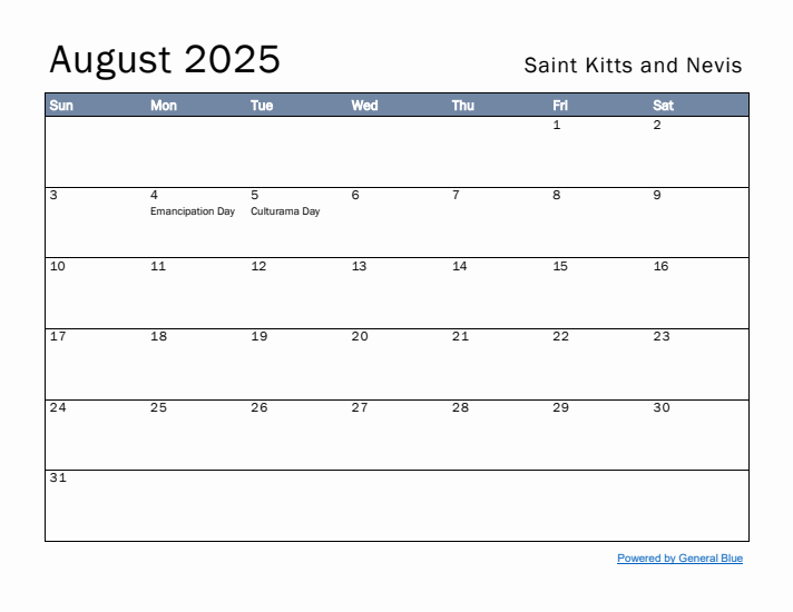 August 2025 Simple Monthly Calendar for Saint Kitts and Nevis