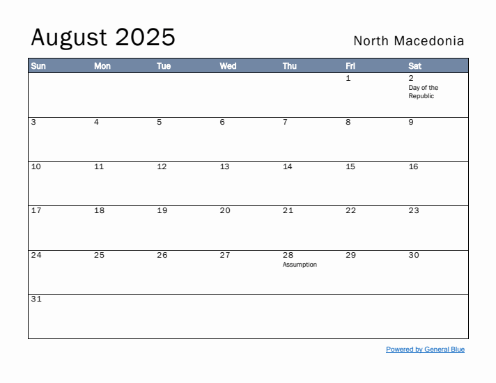 August 2025 Simple Monthly Calendar for North Macedonia