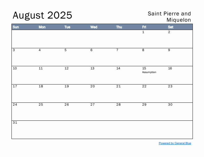 August 2025 Simple Monthly Calendar for Saint Pierre and Miquelon