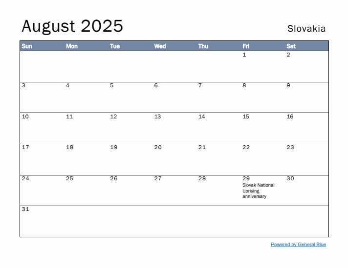 August 2025 Simple Monthly Calendar for Slovakia