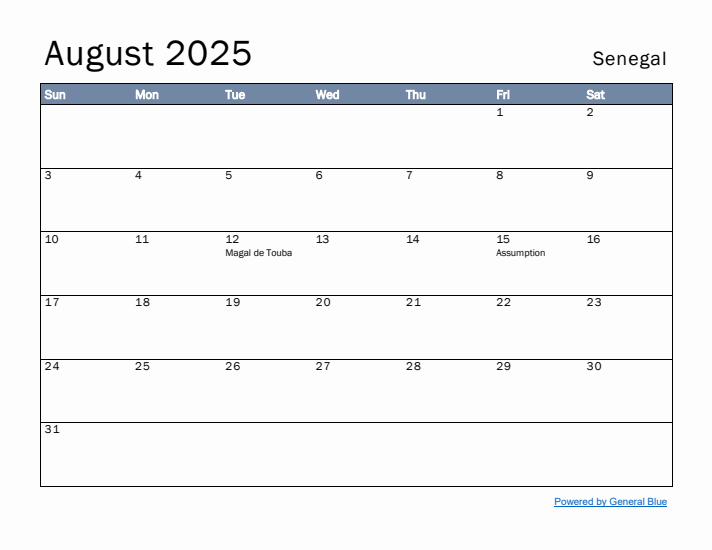 August 2025 Simple Monthly Calendar for Senegal