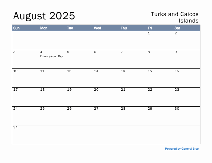 August 2025 Simple Monthly Calendar for Turks and Caicos Islands