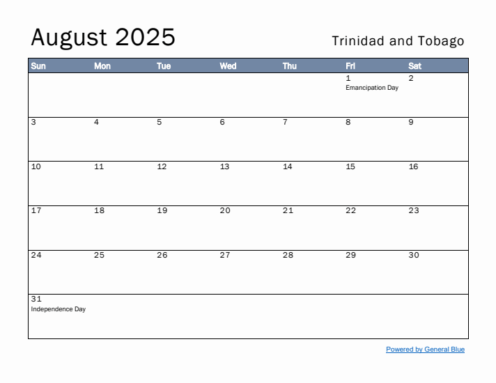 August 2025 Simple Monthly Calendar for Trinidad and Tobago