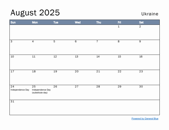 August 2025 Simple Monthly Calendar for Ukraine