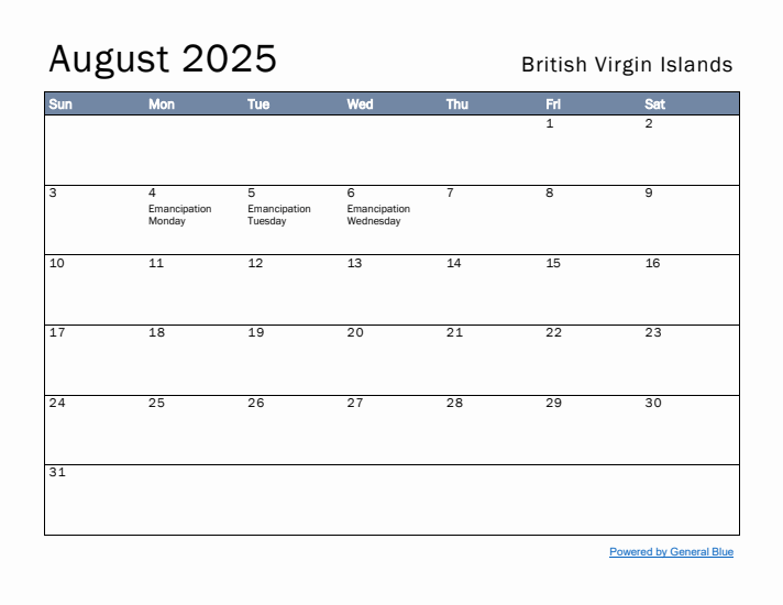 August 2025 Simple Monthly Calendar for British Virgin Islands