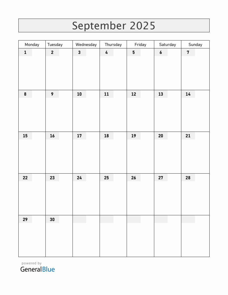 Blank September 2025 Calendar - Monday Start