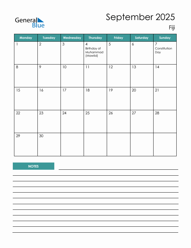 Calendar with Notes Printable - Monday Start