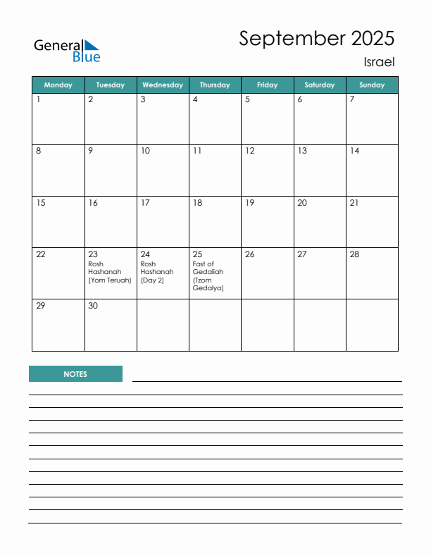 Calendar with Notes Printable - Monday Start