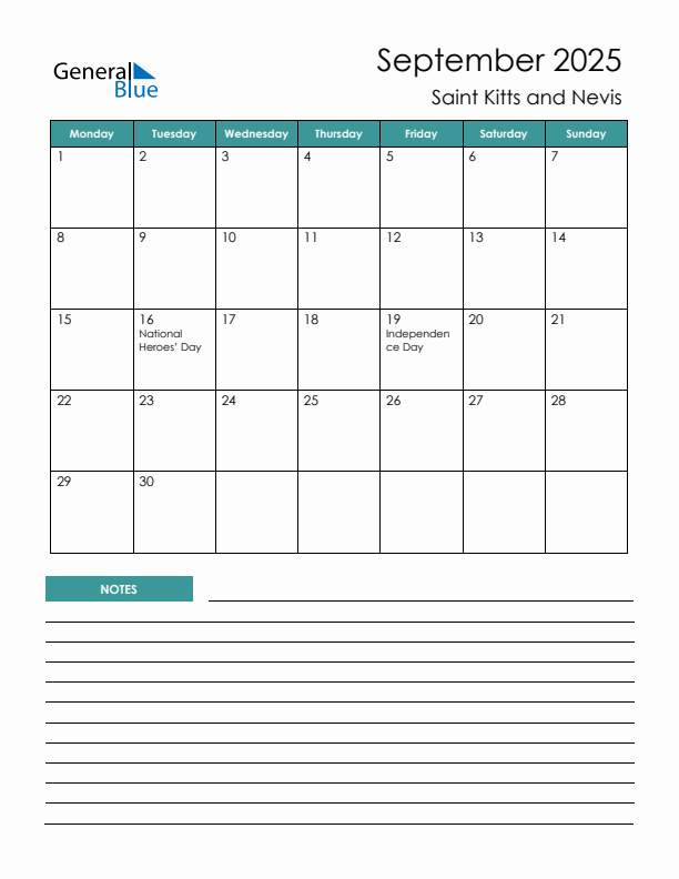 Calendar with Notes Printable - Monday Start