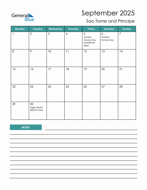 Calendar with Notes Printable - Monday Start