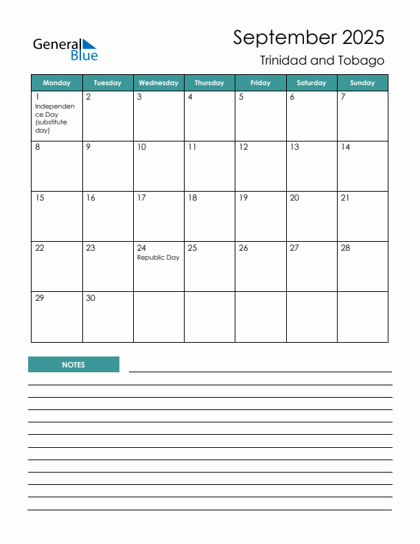 Calendar with Notes Printable - Monday Start