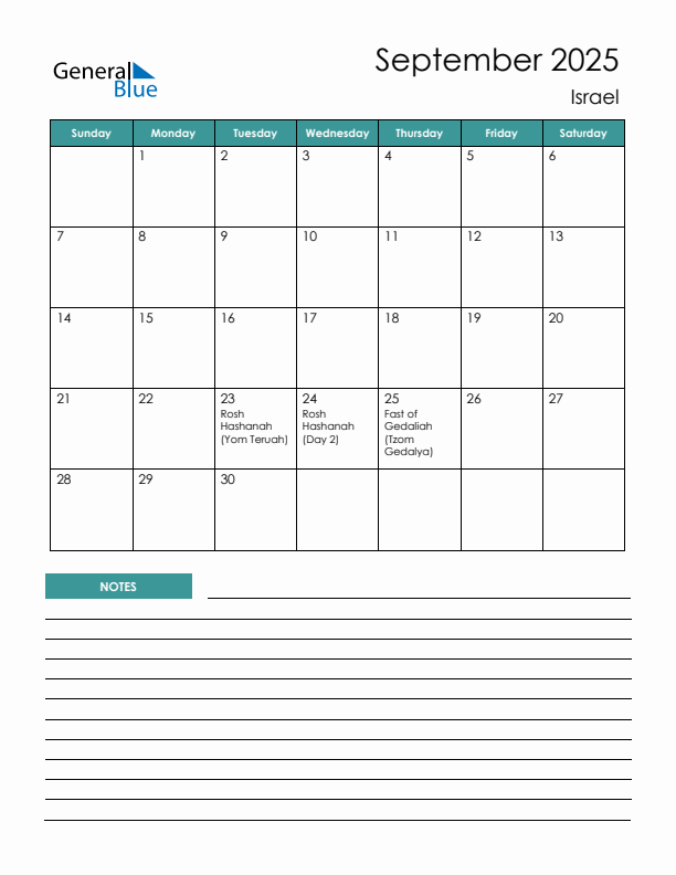 Calendar with Notes Printable - Sunday Start