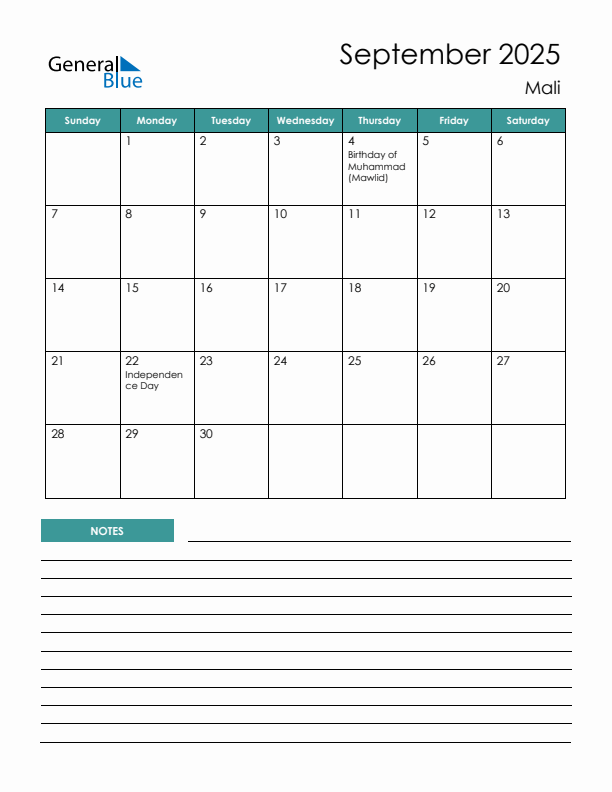 Calendar with Notes Printable - Sunday Start