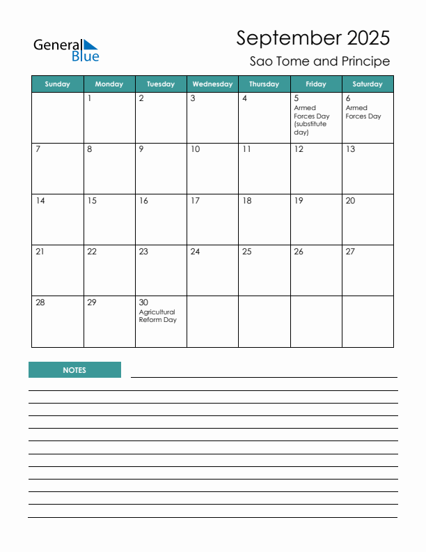 Calendar with Notes Printable - Sunday Start