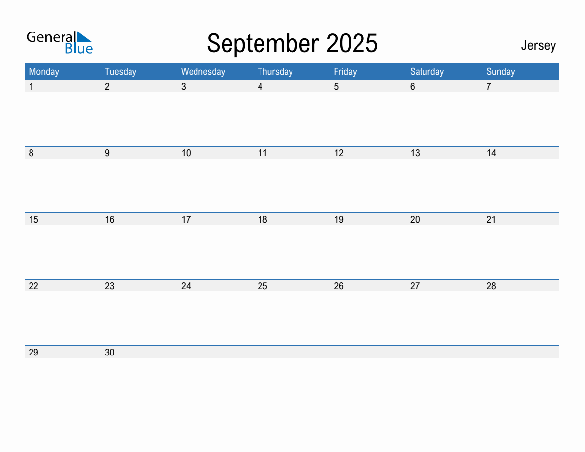 Editable September 2025 Calendar with Jersey Holidays (Monday Start)