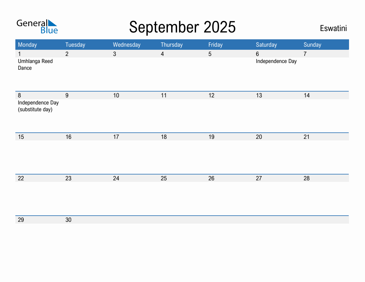 Editable September 2025 Calendar with Eswatini Holidays (Monday Start)