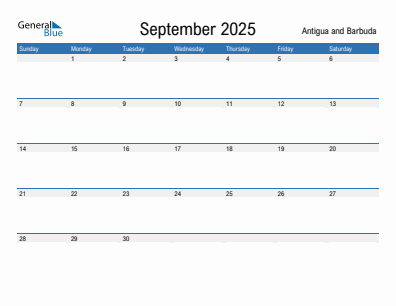 Current month calendar with Antigua and Barbuda holidays for September 2025