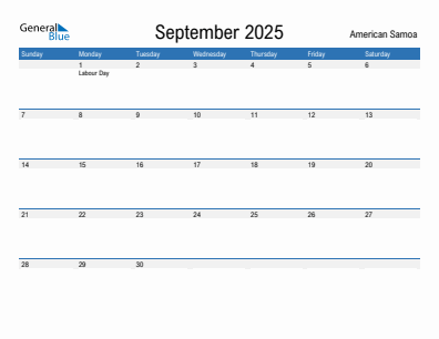 Current month calendar with American Samoa holidays for September 2025