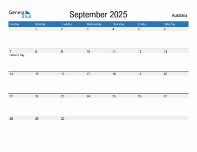 Current month calendar with Australia holidays for September 2025