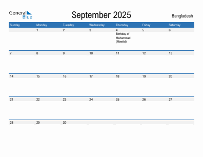 Current month calendar with Bangladesh holidays for September 2025