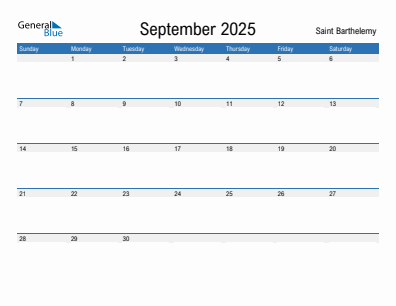 Current month calendar with Saint Barthelemy holidays for September 2025