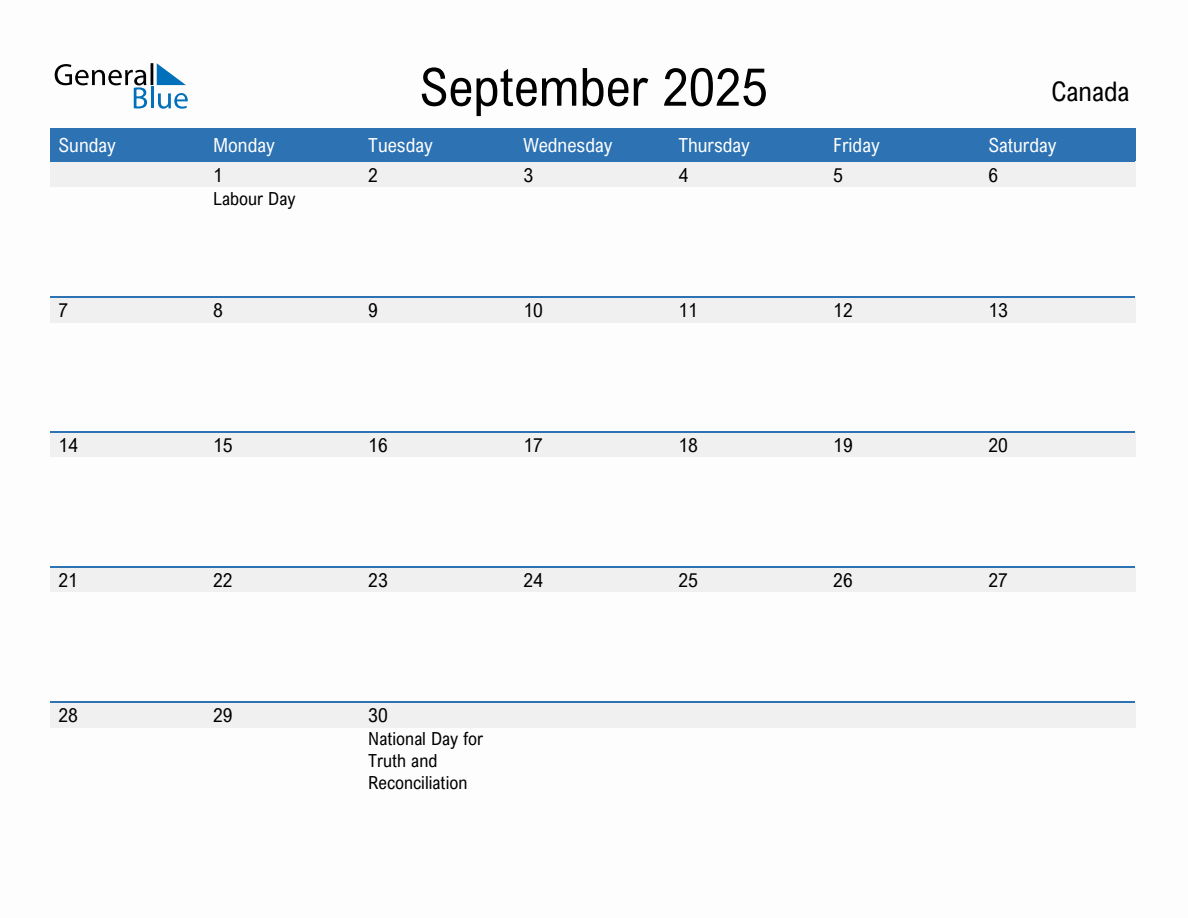 Editable September 2025 Calendar with Canada Holidays