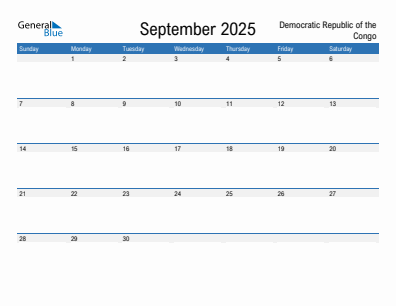 Current month calendar with Democratic Republic of the Congo holidays for September 2025