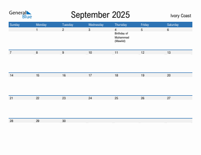 Current month calendar with Ivory Coast holidays for September 2025