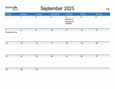 Current month calendar with Fiji holidays for September 2025