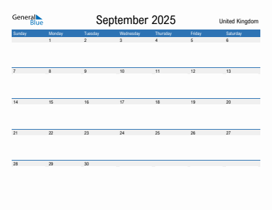 Current month calendar with United Kingdom holidays for September 2025