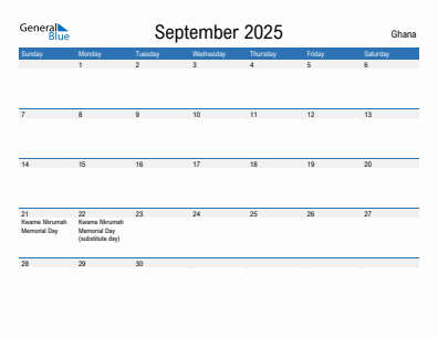 Current month calendar with Ghana holidays for September 2025