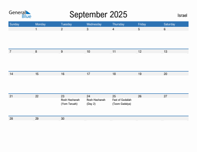 Current month calendar with Israel holidays for September 2025