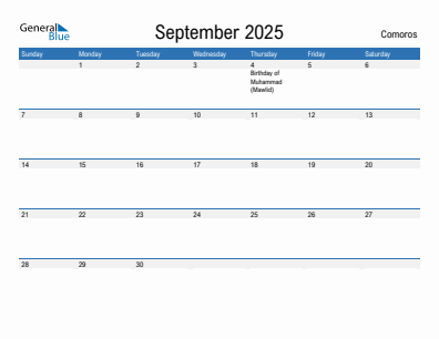 Current month calendar with Comoros holidays for September 2025