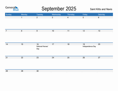 Current month calendar with Saint Kitts and Nevis holidays for September 2025