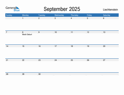 Current month calendar with Liechtenstein holidays for September 2025