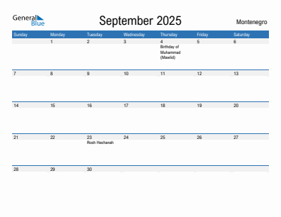 Current month calendar with Montenegro holidays for September 2025