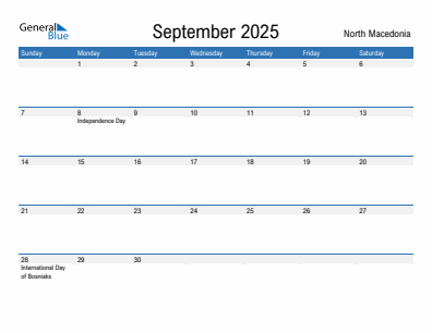 Current month calendar with North Macedonia holidays for September 2025
