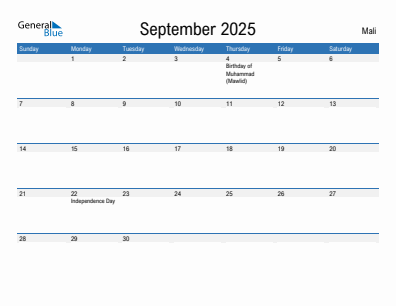 Current month calendar with Mali holidays for September 2025