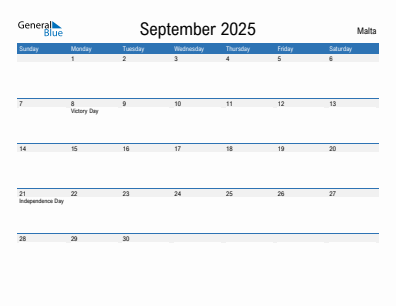 Current month calendar with Malta holidays for September 2025