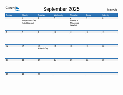 Current month calendar with Malaysia holidays for September 2025