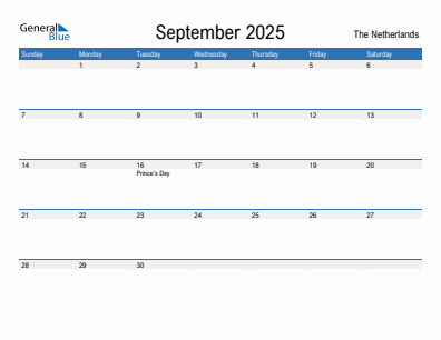 Current month calendar with The Netherlands holidays for September 2025