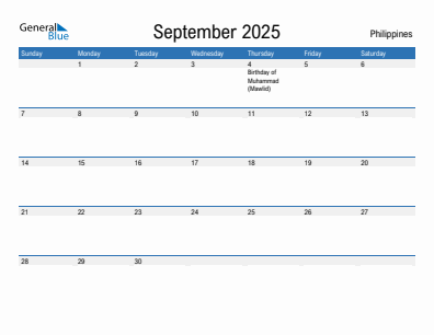Current month calendar with Philippines holidays for September 2025