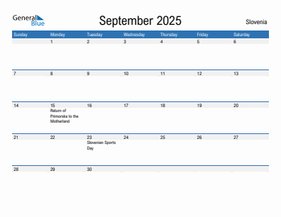 Current month calendar with Slovenia holidays for September 2025