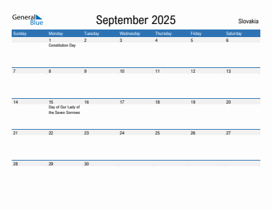 Current month calendar with Slovakia holidays for September 2025