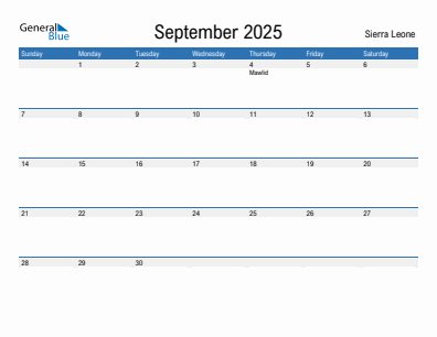 Current month calendar with Sierra Leone holidays for September 2025