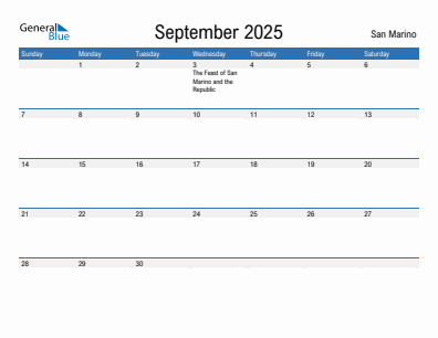 Current month calendar with San Marino holidays for September 2025