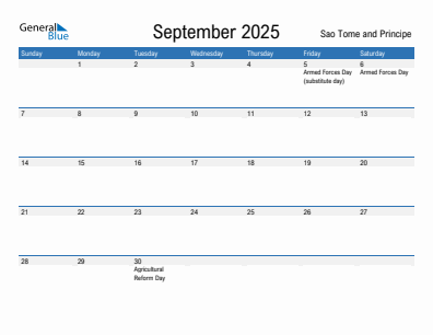 Current month calendar with Sao Tome and Principe holidays for September 2025