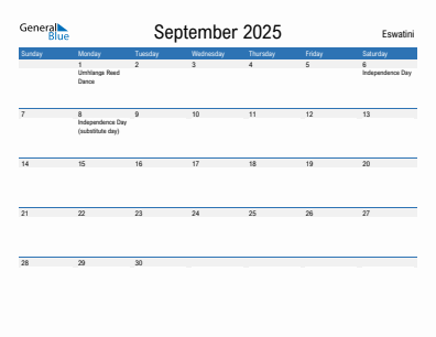 Current month calendar with Eswatini holidays for September 2025